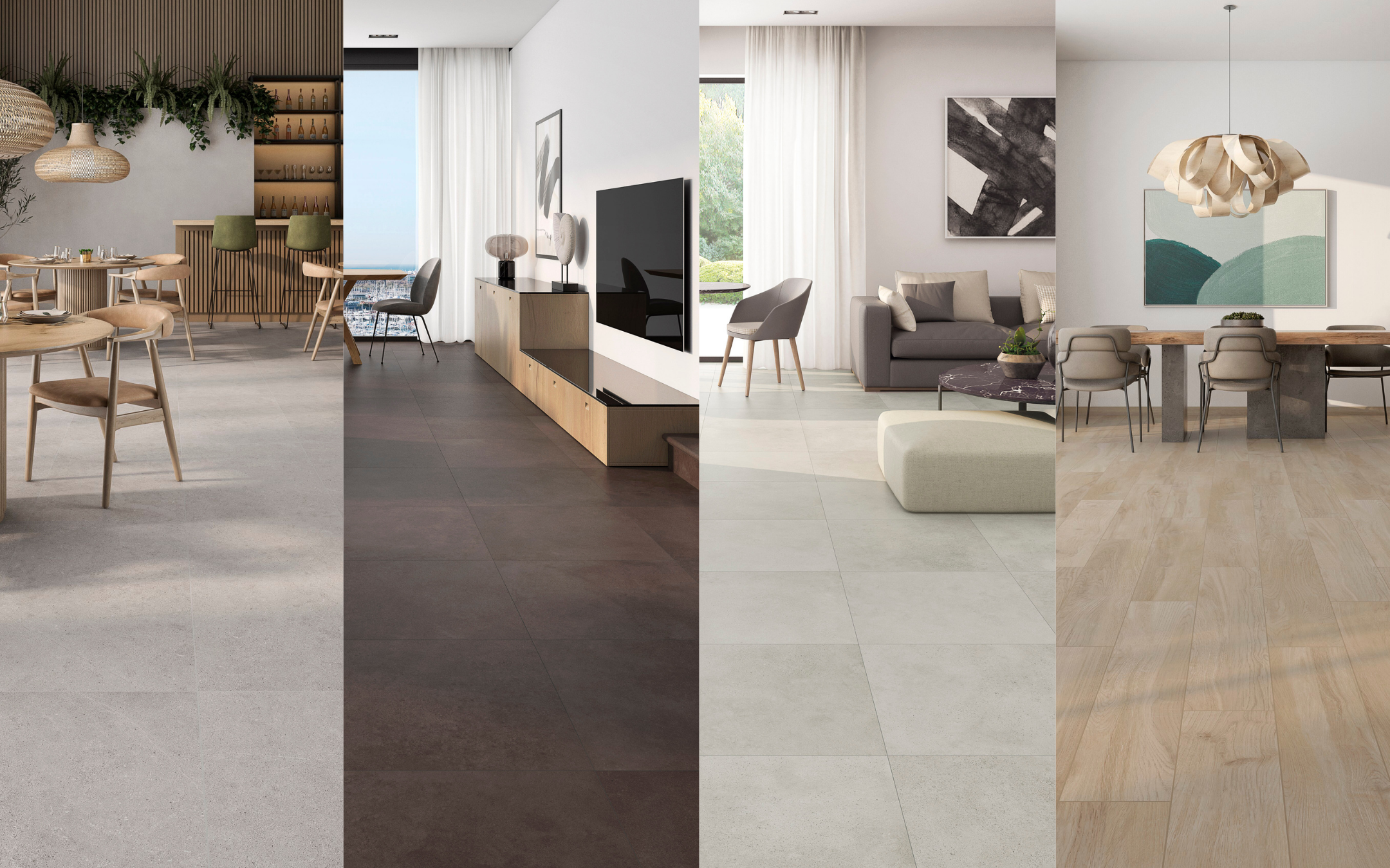 Distintas colecciones de suelos grès cérame de Gres Aragón en acabados madera, piedra y cemento para interiores modernos.