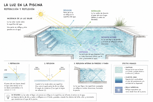 esquema-comportamiento-luz-piscina-refraccion-reflexion.jpg Infografía ilustrativa sobre el comportamiento de la luz en una piscina.