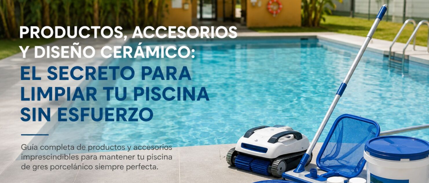 Swimming pool cleaning kit next to porcelain stoneware pool coping.