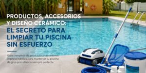 Kit di pulizia per piscine accanto al bordo piscina in gres porcellanato.