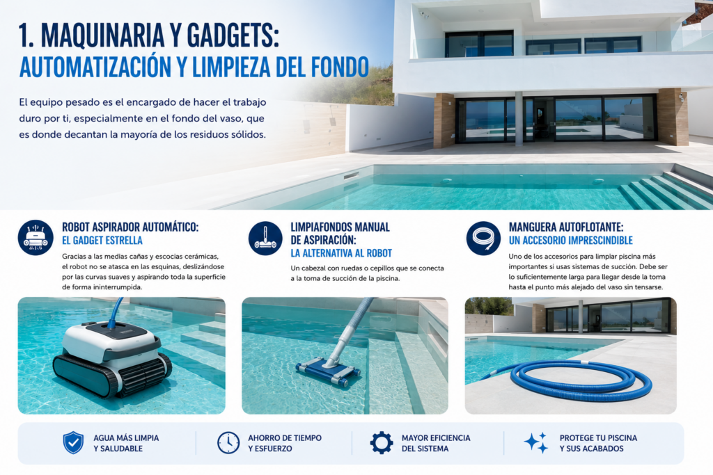 Piscina moderna con robot limpiafondos automático, limpiafondos manual y manguera autoflotante para la limpieza del fondo.