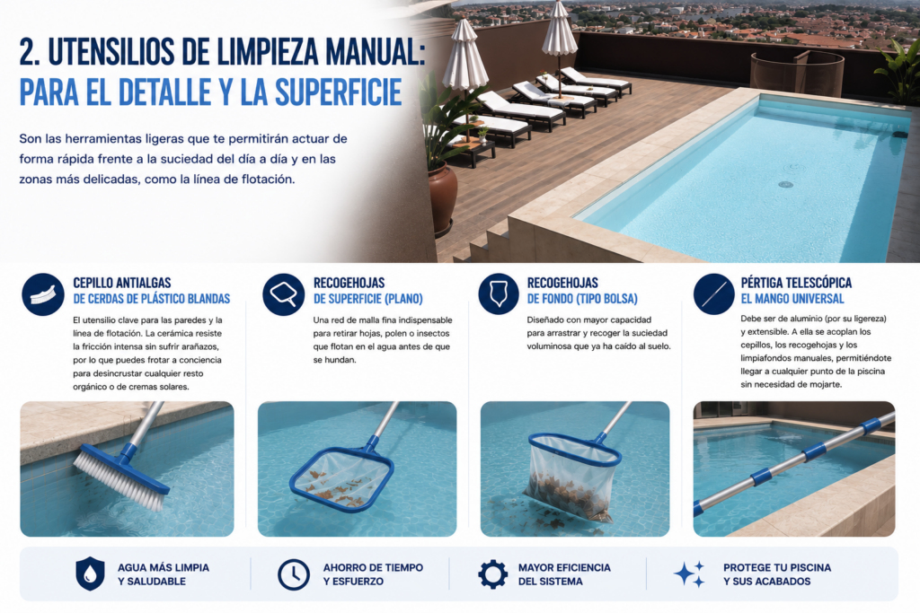 Utensilios de limpieza manual para piscina: cepillo antialgas, recogehojas de superficie, recogehojas de fondo y pértiga telescópica.