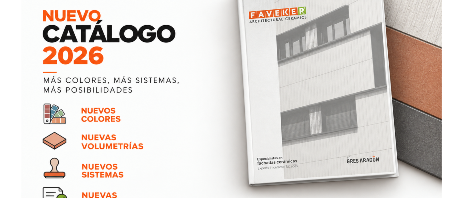 Portada del nuevo catálogo FAVEKER 2026 de Gres Aragón para soluciones de fachada ventilada